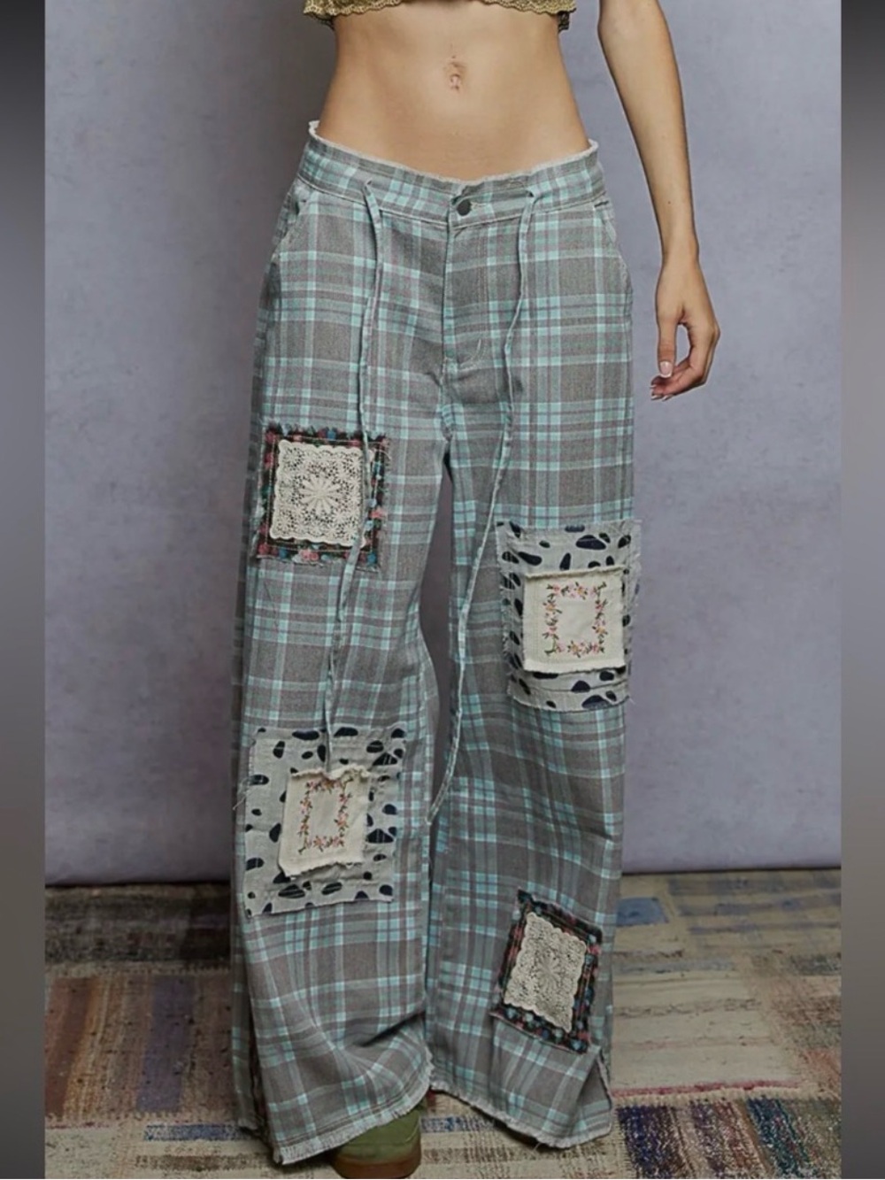 POL Wide Leg Plaid Patchwork Pants